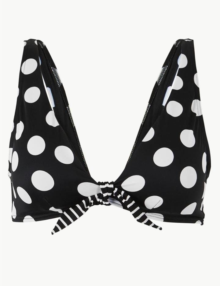 Marks & Spencer Spot Print Front Tie Plunge Bikini Top Black Mix