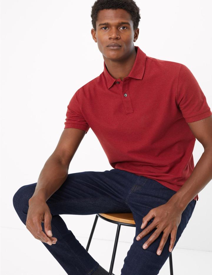 Marks & Spencer Slim Fit Pure Cotton Polo Shirt Dark Red Mix