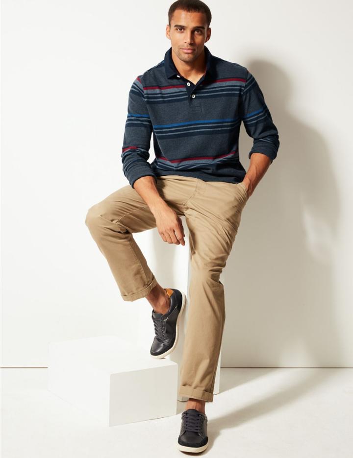 Marks & Spencer Slim Fit Pure Cotton Striped Rugby Top Denim Mix