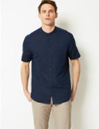 Marks & Spencer Linen Rich Grandad Shirt With Pocket Navy