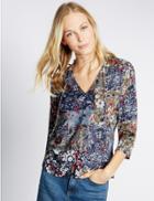 Marks & Spencer Ditsy Print V-neck 3/4 Sleeve Shell Top Navy Mix