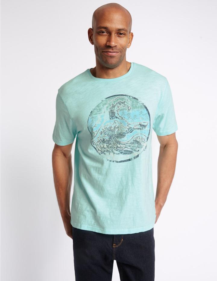 Marks & Spencer Pure Cotton Printed Crew Neck T-shirt Light Aqua