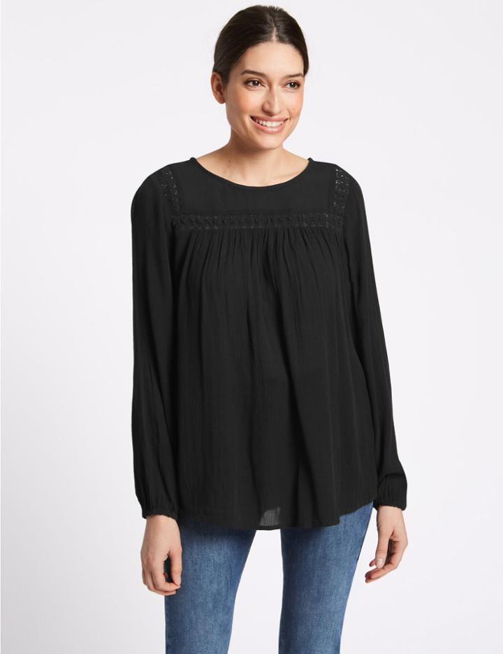 Marks & Spencer Lace Insert Round Neck Long Sleeve Blouse Black