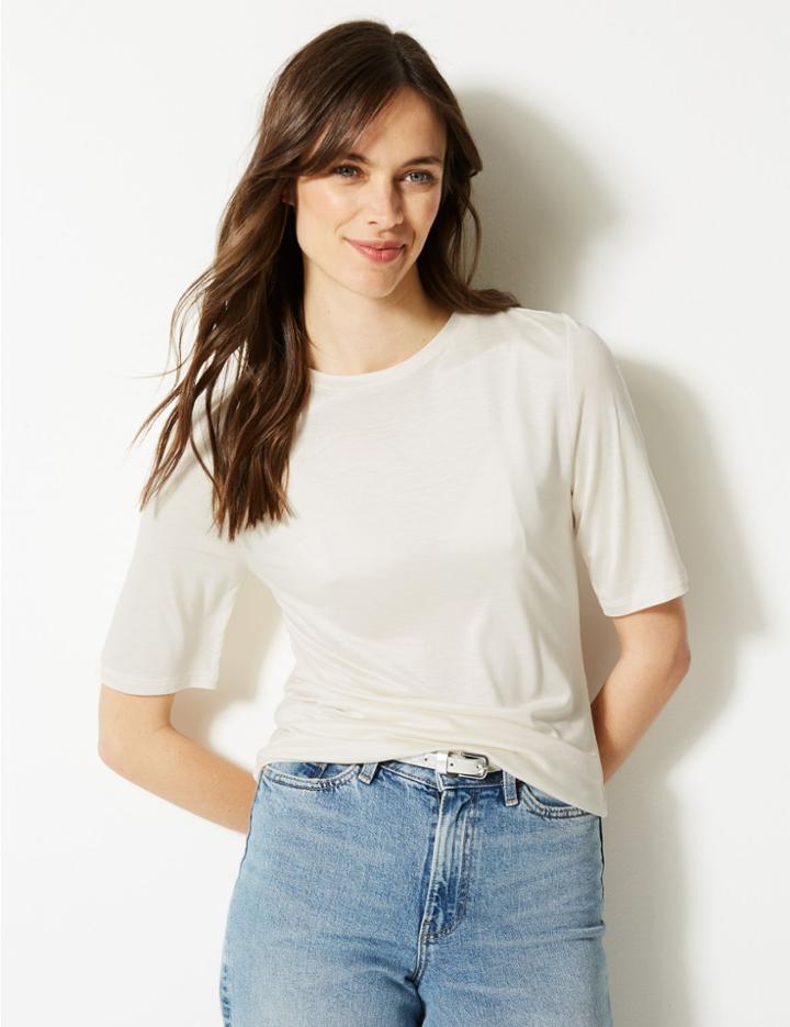 Marks & Spencer Mercerised Round Neck Short Sleeve T-shirt Ivory