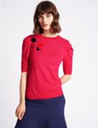Marks & Spencer Embellished Round Neck Prawn Sleeve Jumper Bright Pink
