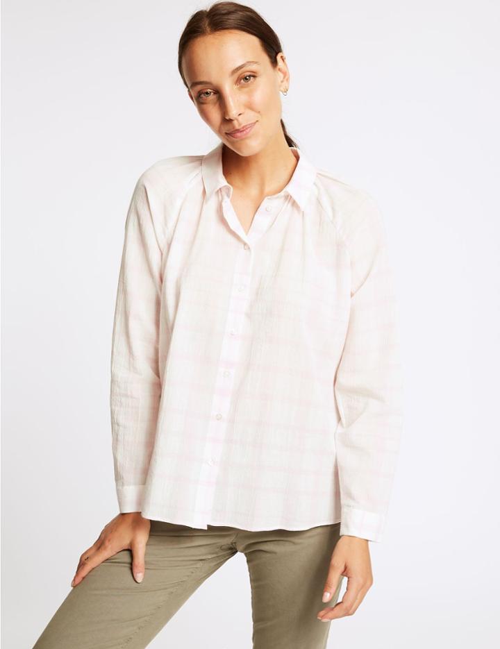Marks & Spencer Pure Cotton Checked Long Sleeve Shirt Pink