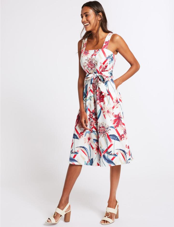 Marks & Spencer Cotton Rich Floral Print Skater Midi Dress Ivory Mix
