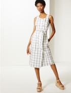 Marks & Spencer Pure Linen Checked Midi Waisted Dress Ivory Mix