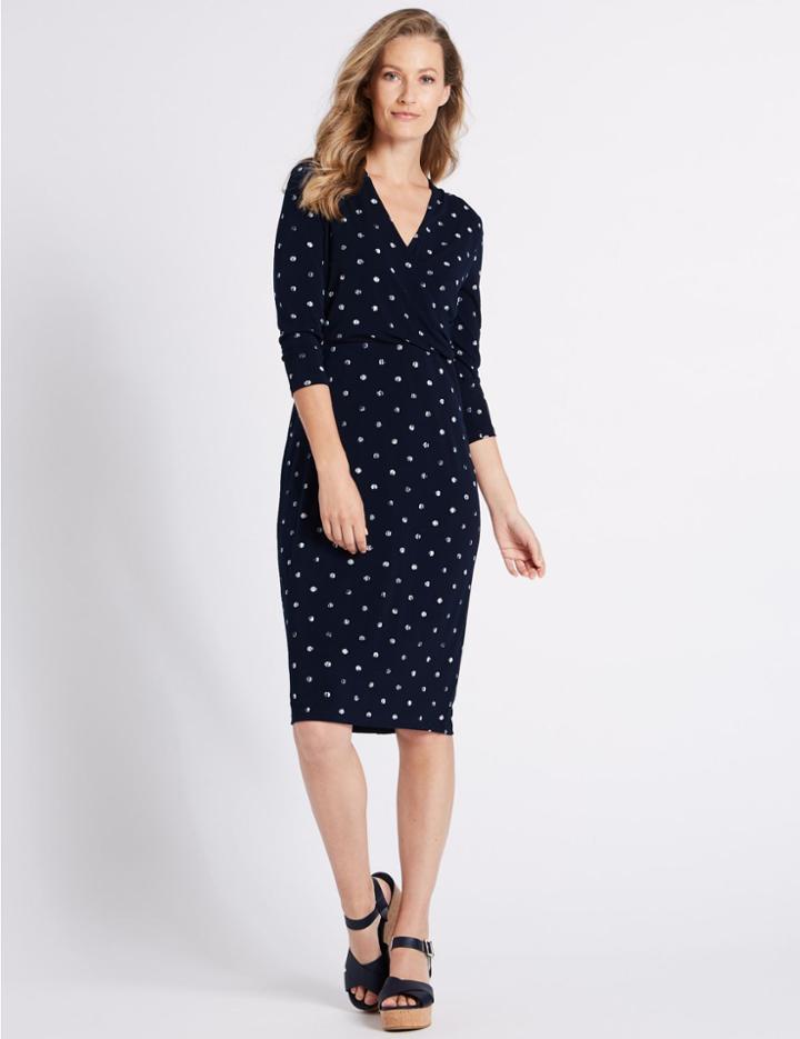 Marks & Spencer Spotted Jersey 3/4 Sleeve Bodycon Dress Navy Mix