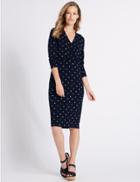 Marks & Spencer Spotted Jersey 3/4 Sleeve Bodycon Dress Navy Mix