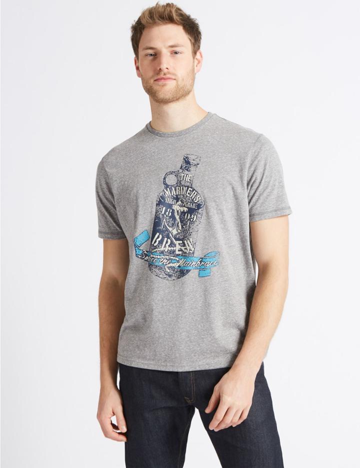 Marks & Spencer Cotton Blend Printed Crew Neck T-shirt Mid Grey