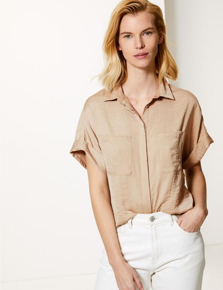 Marks & Spencer Oversized Satin Short Sleeve Shirt Caramel
