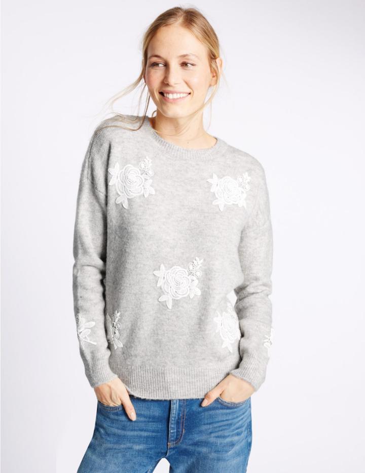 Marks & Spencer Lace Applique Textured Jumper Grey Mix