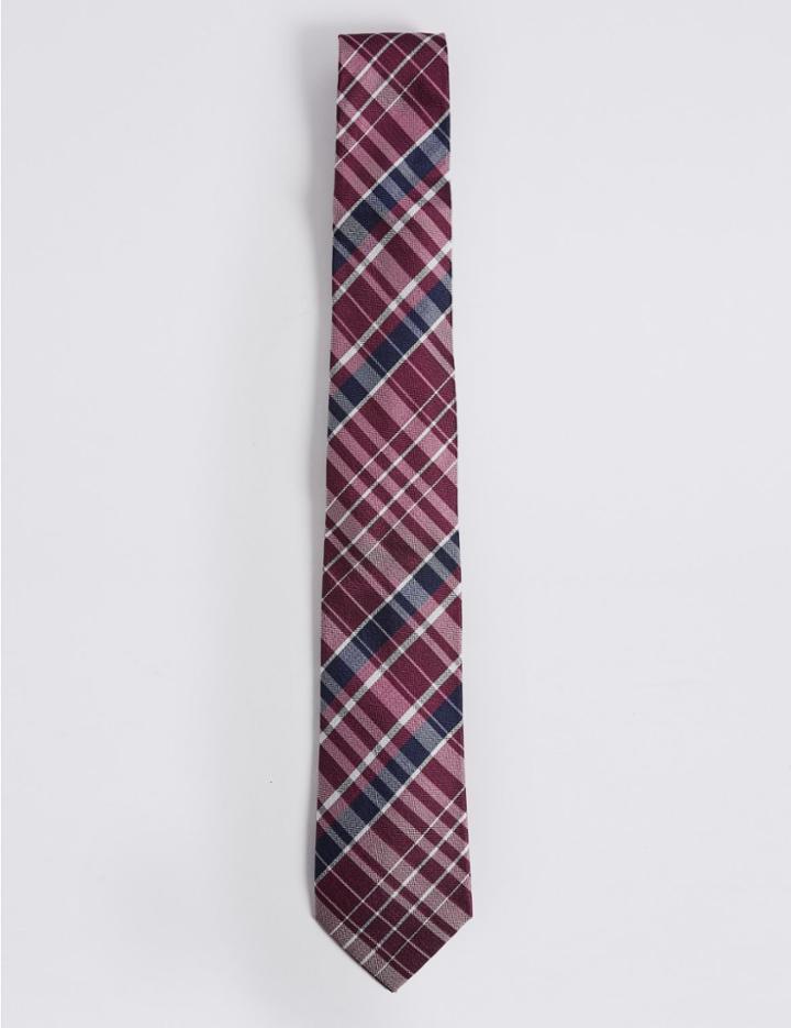 Marks & Spencer Pure Silk Checked Tie Beige