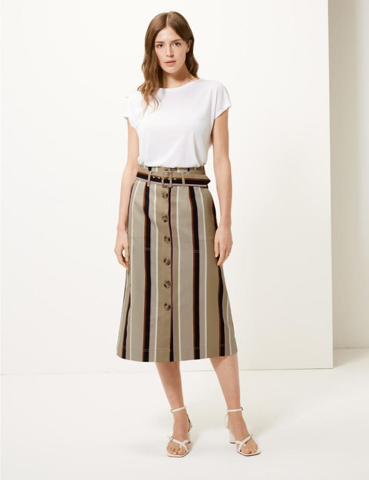 Marks & Spencer Striped Fit & Flare Midi Skirt Lilac Mix