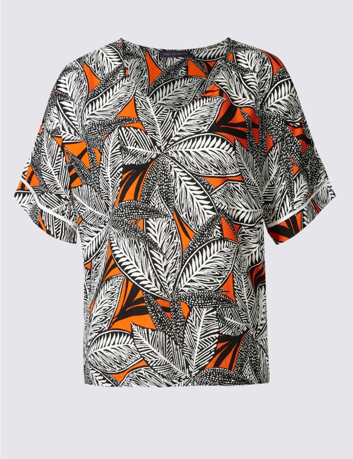 Marks & Spencer Plus Leaf Print Short Sleeve Shell Top Orange Mix
