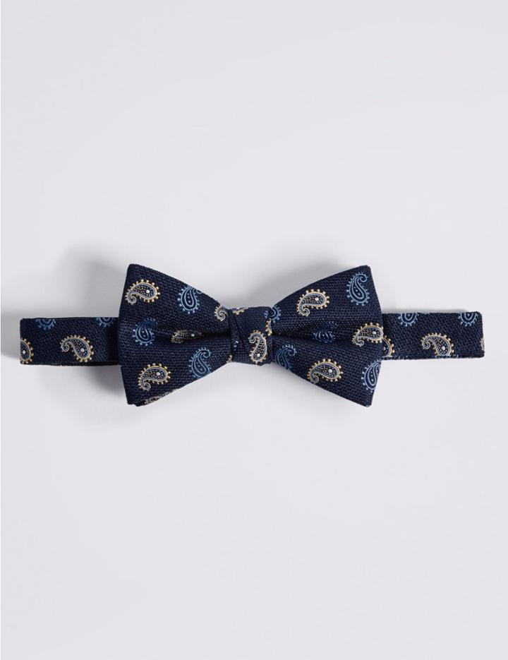 Marks & Spencer Pure Silk Paisley Print Bow Tie Navy