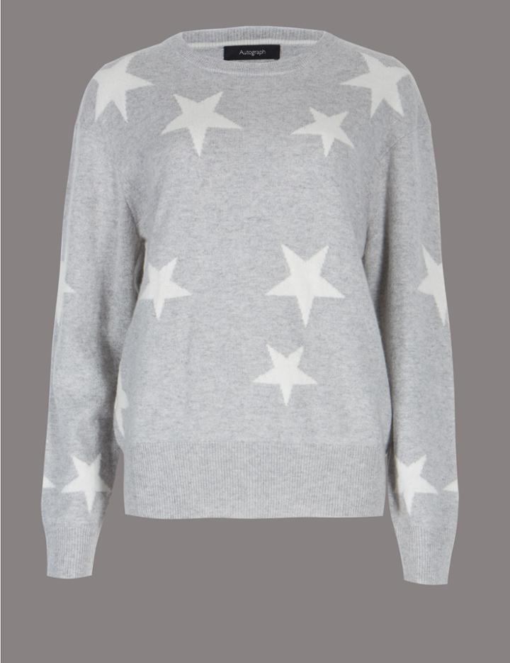 Marks & Spencer Pure Cashmere Star Print Round Neck Jumper Grey Mix
