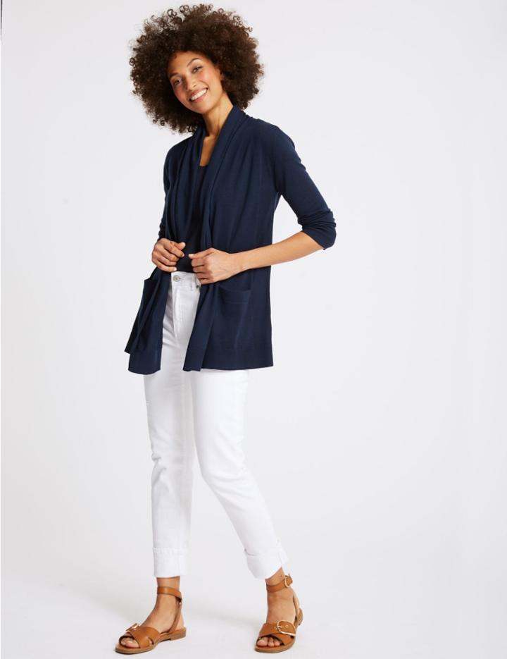 Marks & Spencer Pure Merino Wool Textured Cardigan Navy