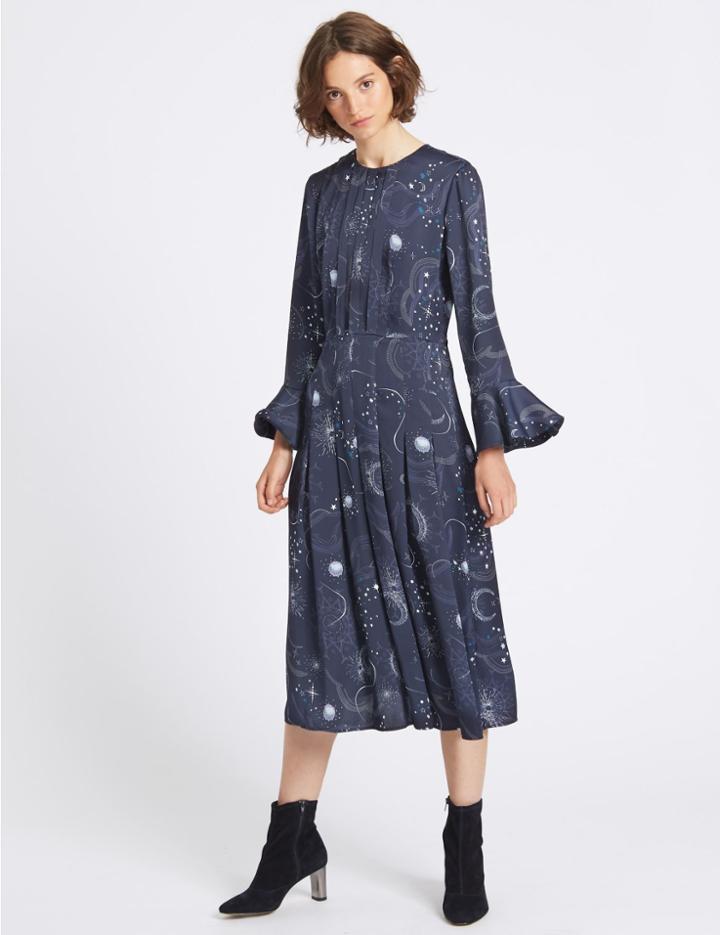 Marks & Spencer Constellation Print Long Sleeve Midi Dress Navy