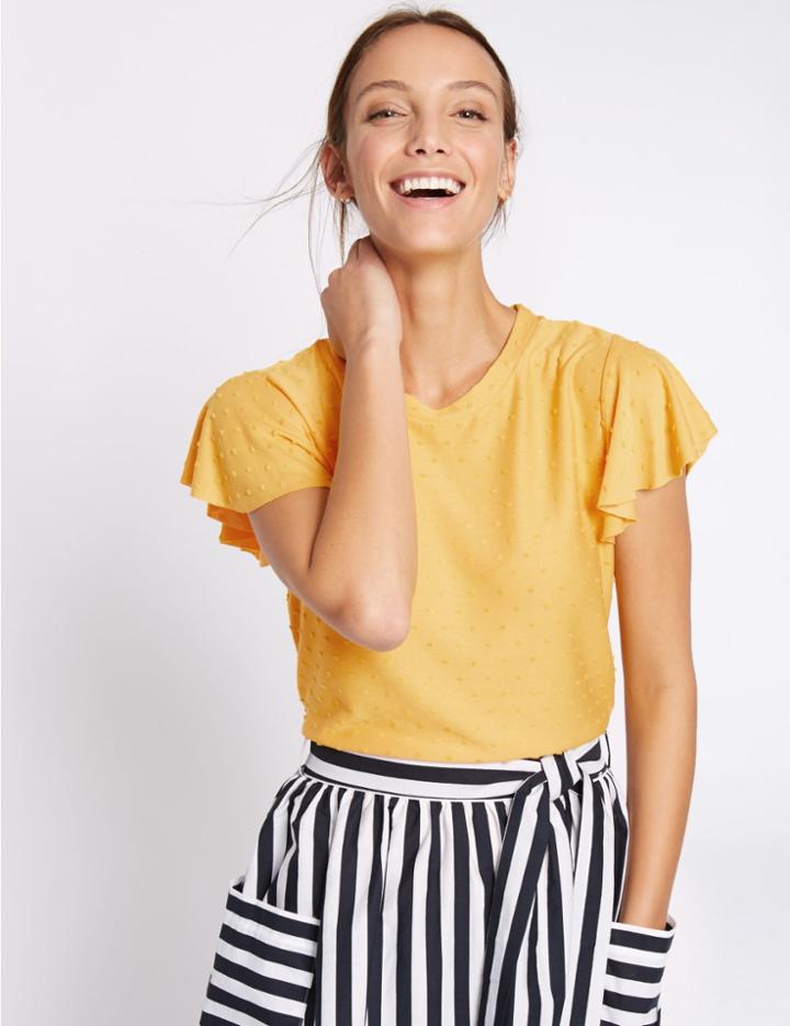 Marks & Spencer Spotty Frill Short Sleeve T-shirt Yellow