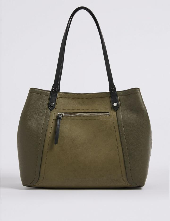 Marks & Spencer Faux Leather Colour Block Tote Bag Khaki Mix