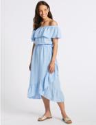 Marks & Spencer Pure Linen Half Sleeve Bardot Midi Dress Chambray