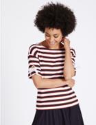 Marks & Spencer Striped Eyelet Tie Sleeve T-shirt Red Mix
