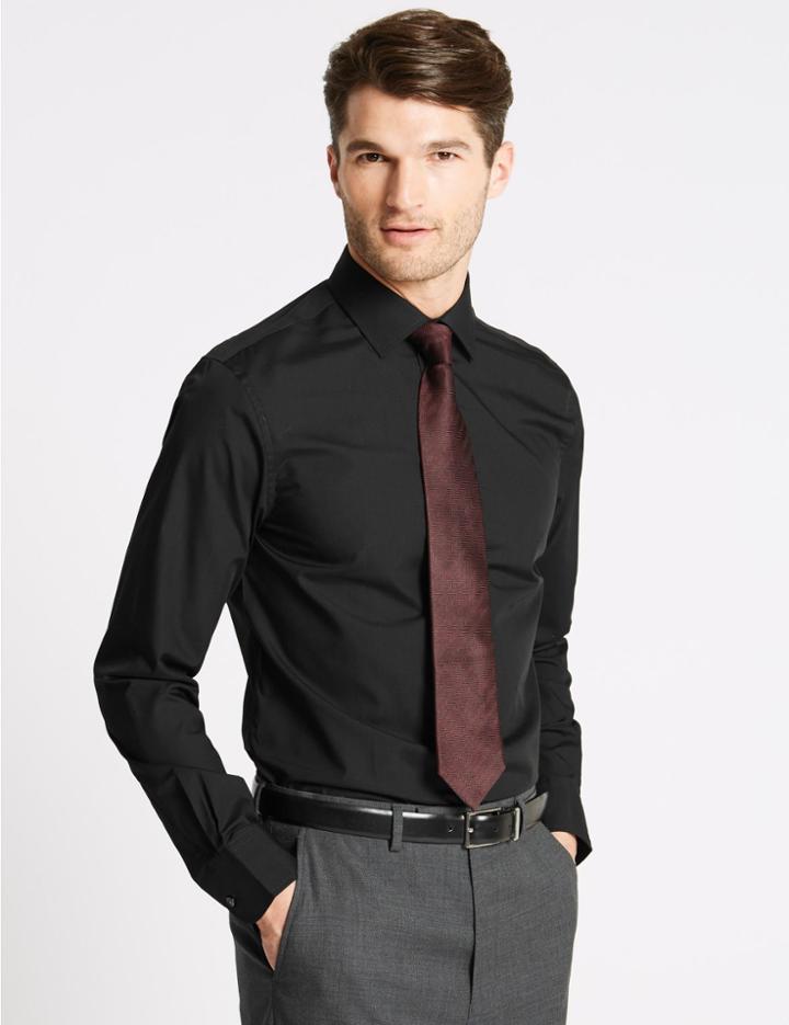 Marks & Spencer Cotton Blend Easy To Iron Slim Fit Shirt Black