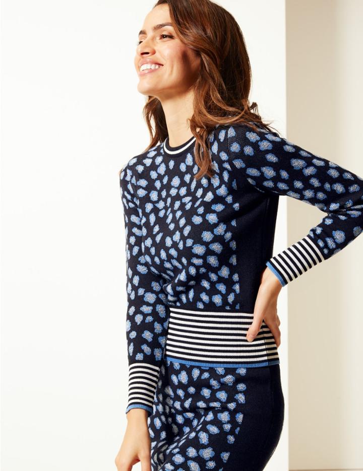 Marks & Spencer Animal Print Round Neck Jumper Blue Mix