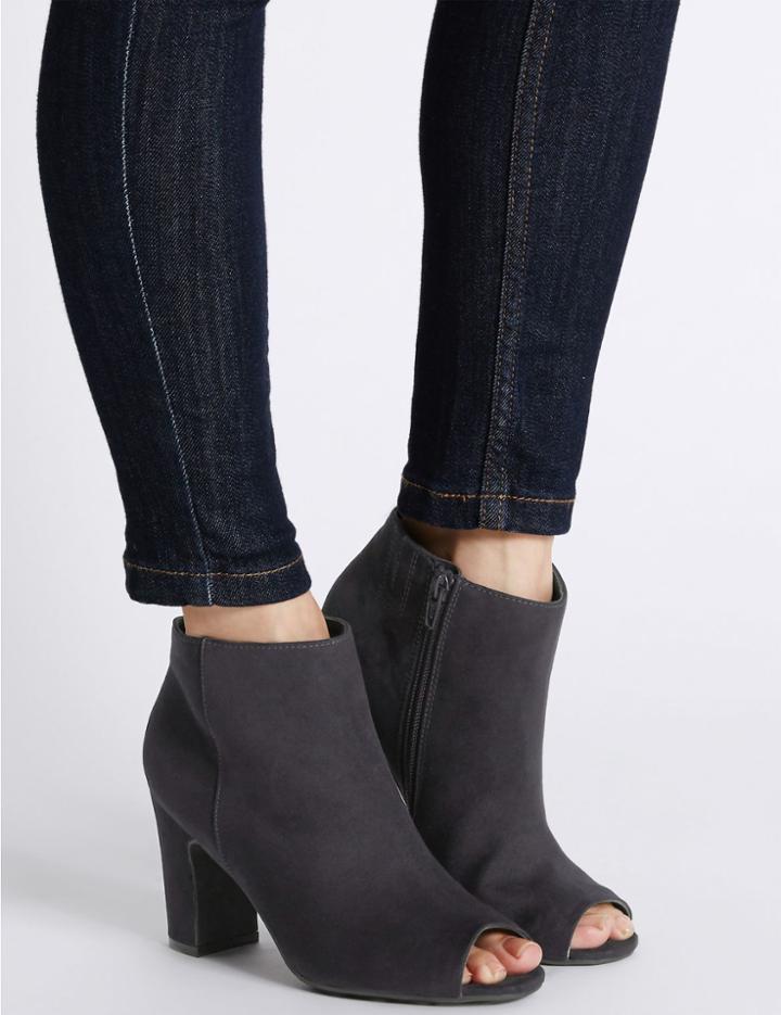 Marks & Spencer Block Heel Side Zip Peep Toe Ankle Boots Navy