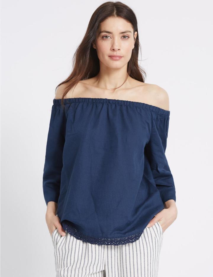 Marks & Spencer Linen Rich Slash Neck 3/4 Sleeve Bardot Top Navy