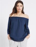 Marks & Spencer Linen Rich Slash Neck 3/4 Sleeve Bardot Top Navy