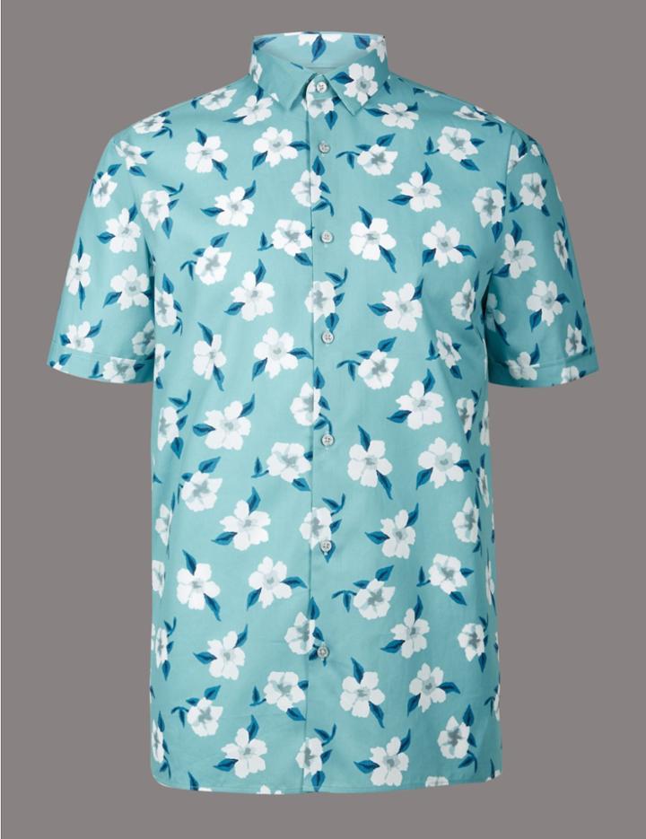 Marks & Spencer Pure Cotton Floral Print Shirt Wedgewood