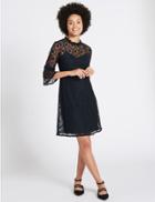 Marks & Spencer Cotton Rich Lace 3/4 Sleeve Swing Dress Navy