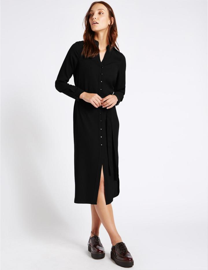 Marks & Spencer Long Sleeve Shirt Midi Dress With Belt Black