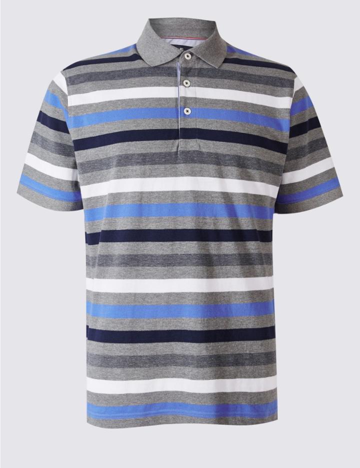 Marks & Spencer Regular Fit Pure Cotton Striped Polo Shirt Navy Mix