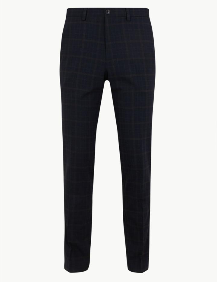 Marks & Spencer Skinny Fit Checked Stretch Trousers Navy