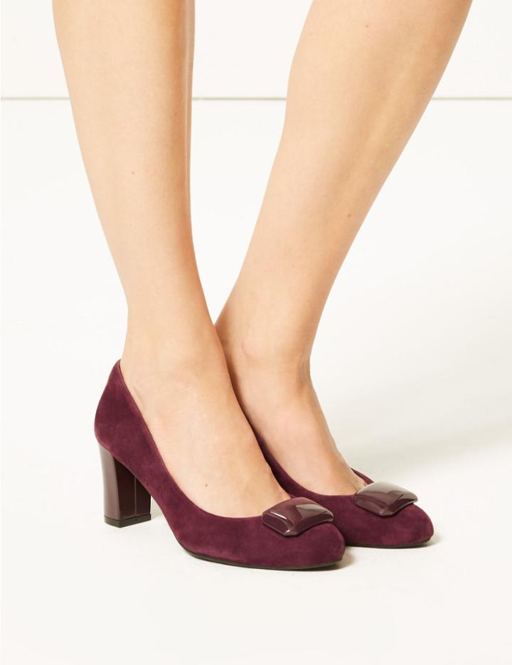 Marks & Spencer Wide Fit Suede Almond Trim Court Shoes Burgundy