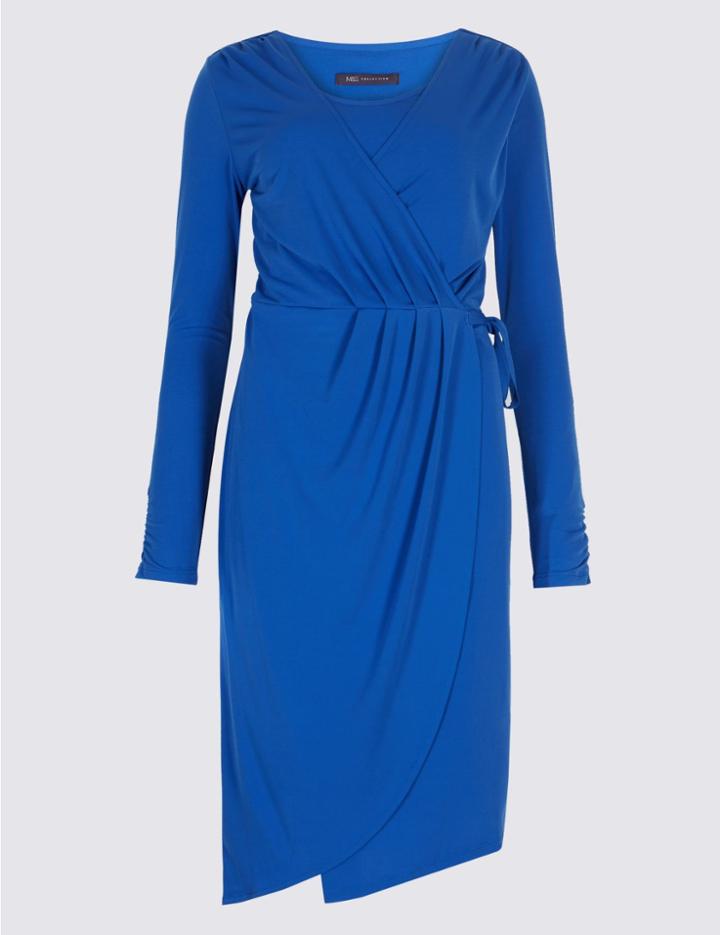 Marks & Spencer Asymmetric Drape Wrap Midi Dress Blue