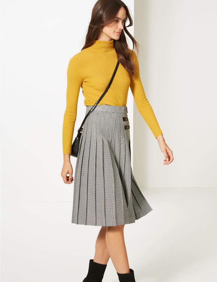 Marks & Spencer Checked Pleated Midi Skirt Black Mix