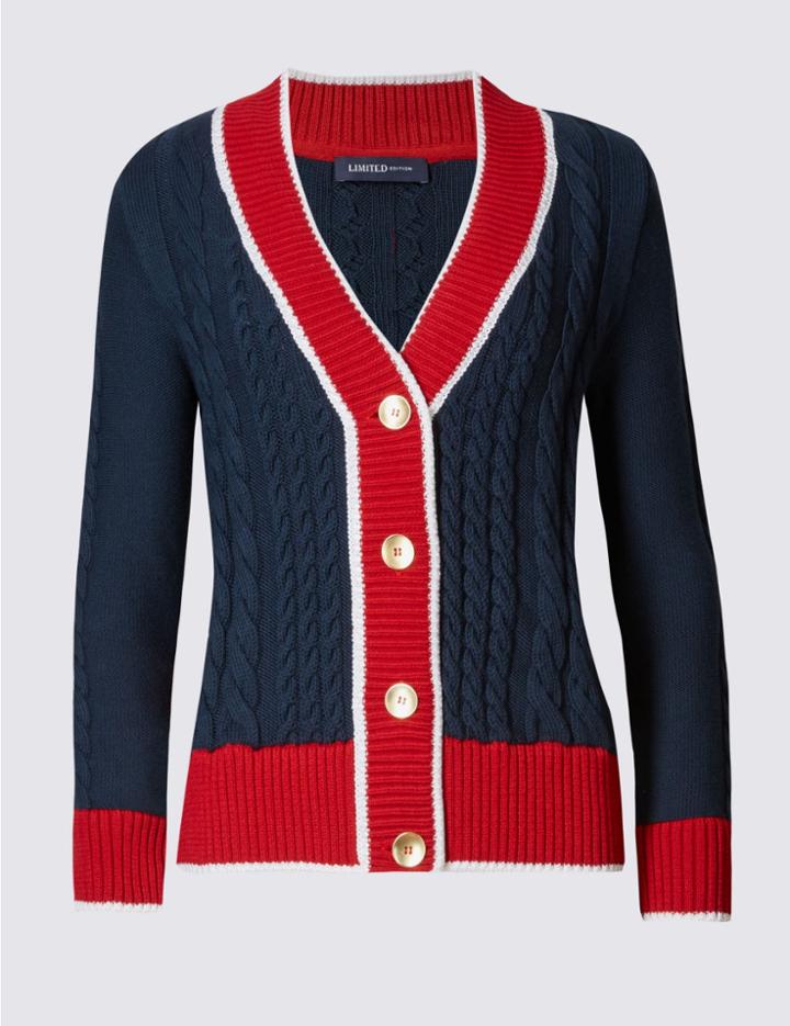 Marks & Spencer Textured V-neck Preppy Cardigan Navy Mix