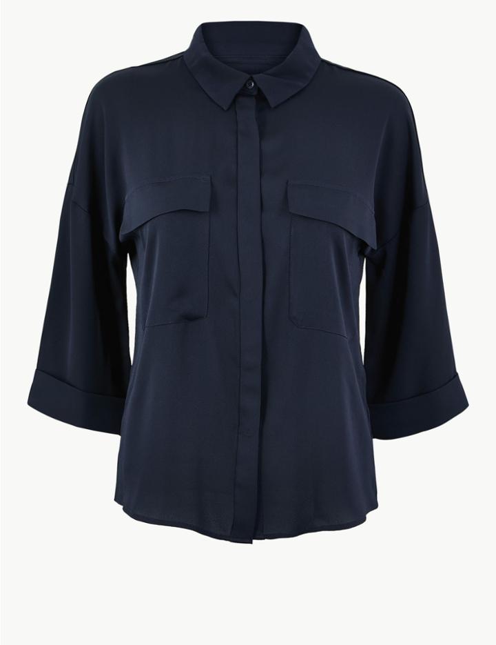Marks & Spencer Oversized Satin 3/4 Sleeve Shirt Navy