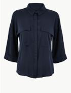 Marks & Spencer Oversized Satin 3/4 Sleeve Shirt Navy