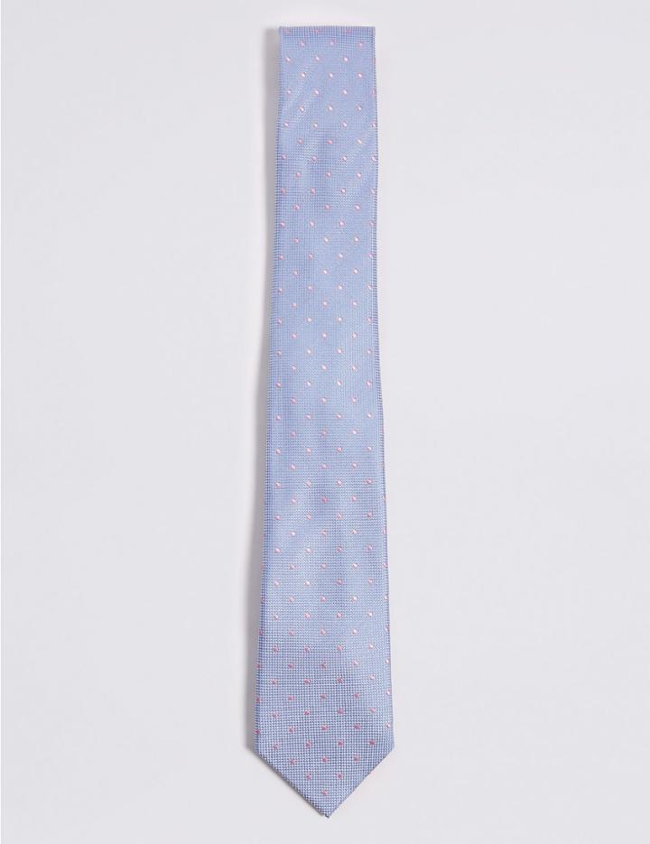 Marks & Spencer Pure Silk Spotted Tie Pale Blue Mix