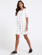 Marks & Spencer Pure Cotton Checked Drop Waist Dress Ivory Mix