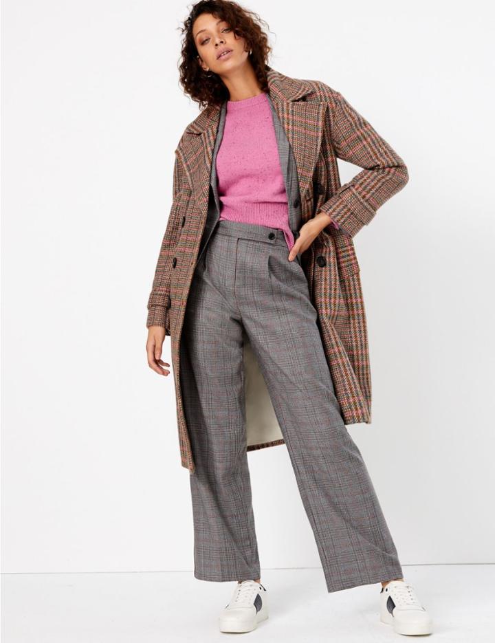 Marks & Spencer Wool Blend Checked Double Breasted Coat Pink Mix