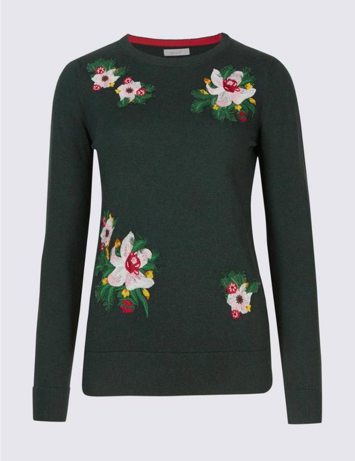 Marks & Spencer Embroidered Applique Round Neck Jumper Cedar