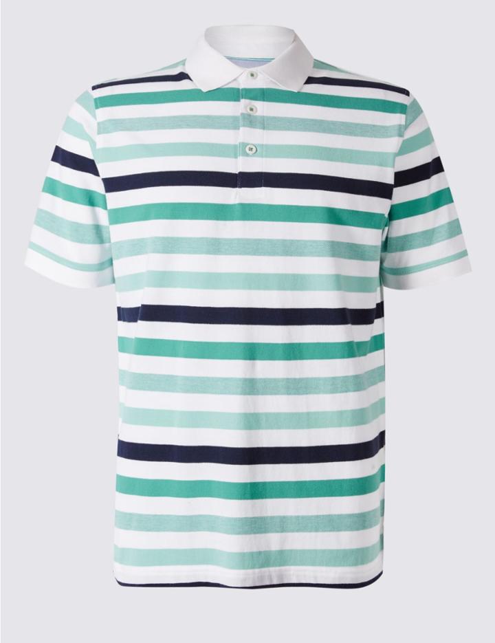 Marks & Spencer Regular Fit Pure Cotton Striped Polo Shirt White Mix