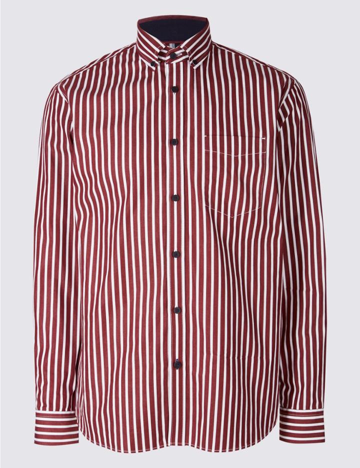 Marks & Spencer Pure Cotton Striped Shirt With Pocket Burgundy Mix